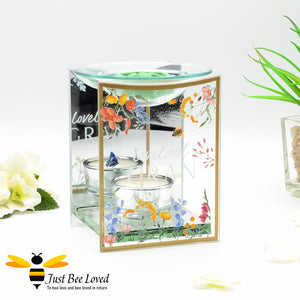 loveliest gran glass mirror oil wax burner with flowers and bumblebees