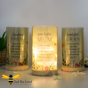 table tube lamps featuring a sentimental tribute to either a "wonderful mum", "loveliest gran" or "loveliest friend" each with an accompanying heartfelt verse, flowers and bees.