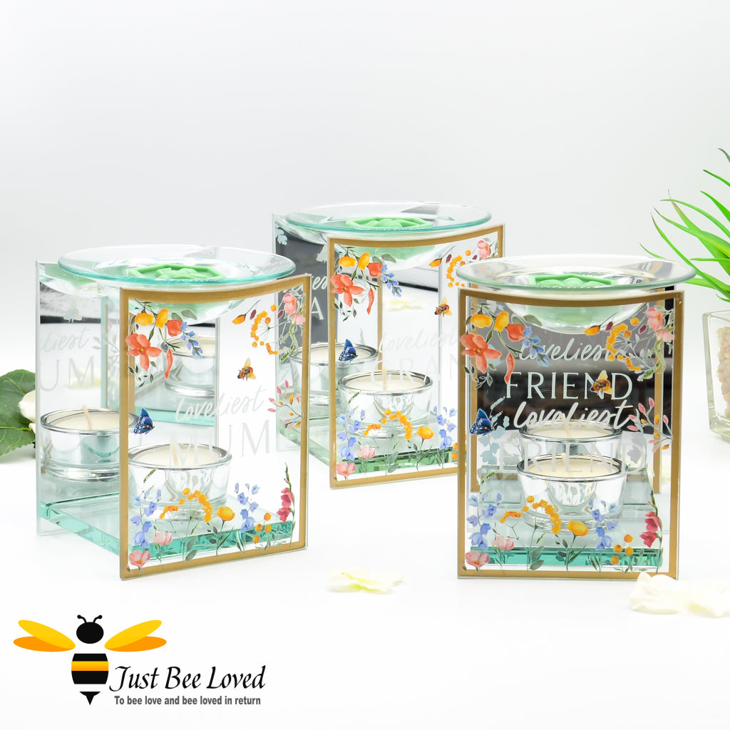 Glass mirrored oil wax melt burners with loveliest mum, gran, friend message with flowers and bumblebees
