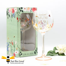 Load image into Gallery viewer, Stemmed gin glass with loveliest mum text with bees and flowers