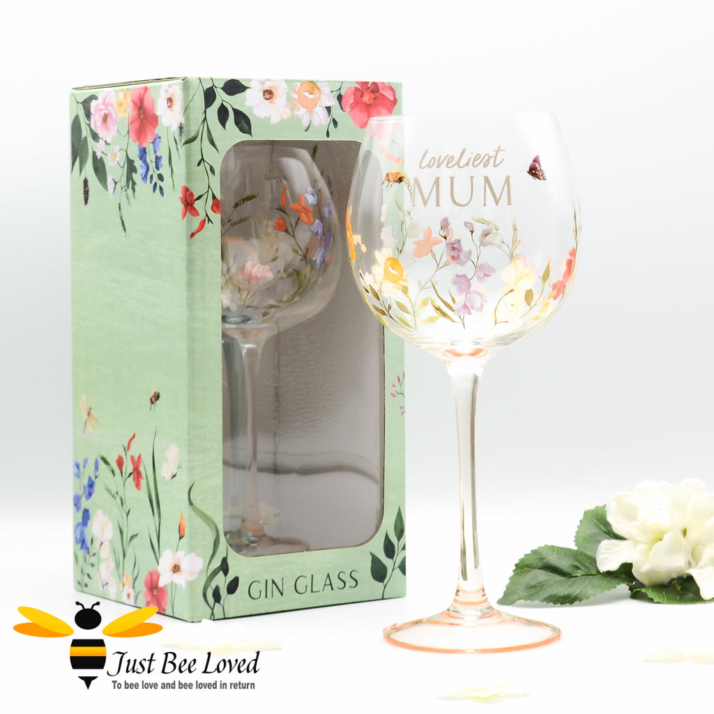 Stemmed gin glass with loveliest mum text with bees and flowers