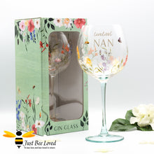 Load image into Gallery viewer, Stemmed gin glass with loveliest nan text with bees and flowers