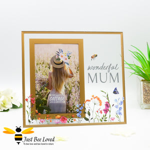 Glass photo frame with "wonderful mum" decal, painted flowers and bumblebees