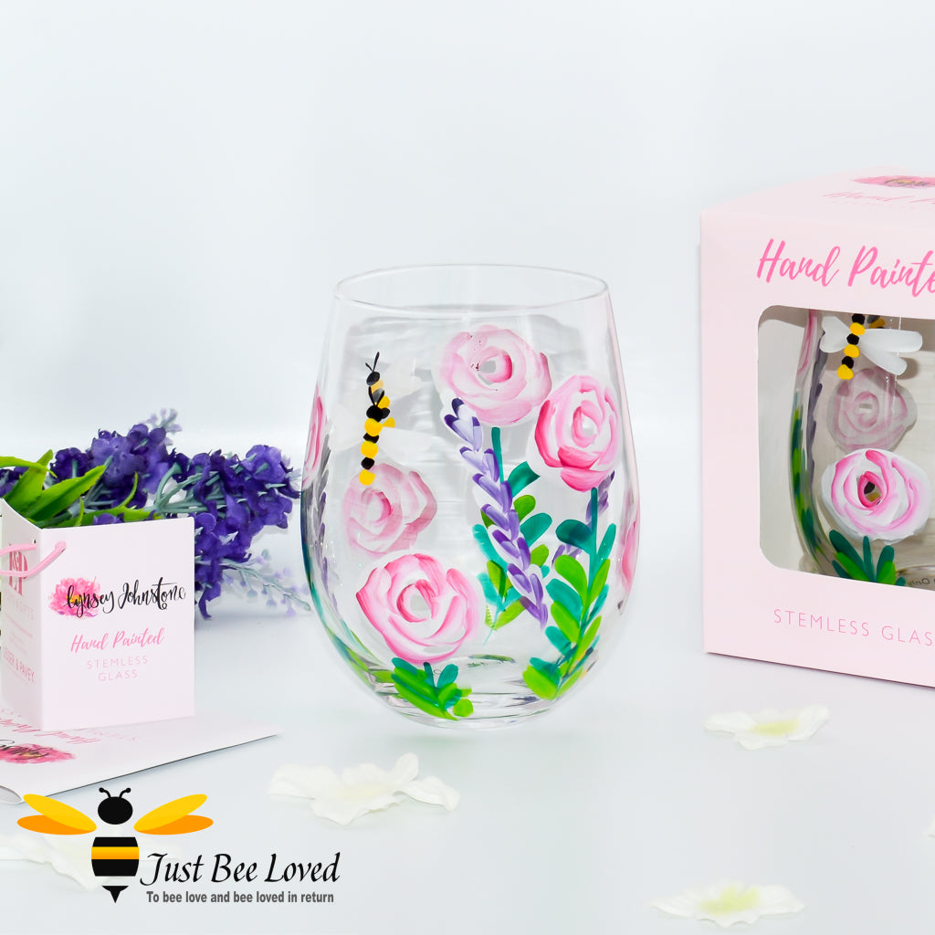 Stemless wine glass hand painted with bumblebees and roses by Scottish artist Lynsey Johnstone.