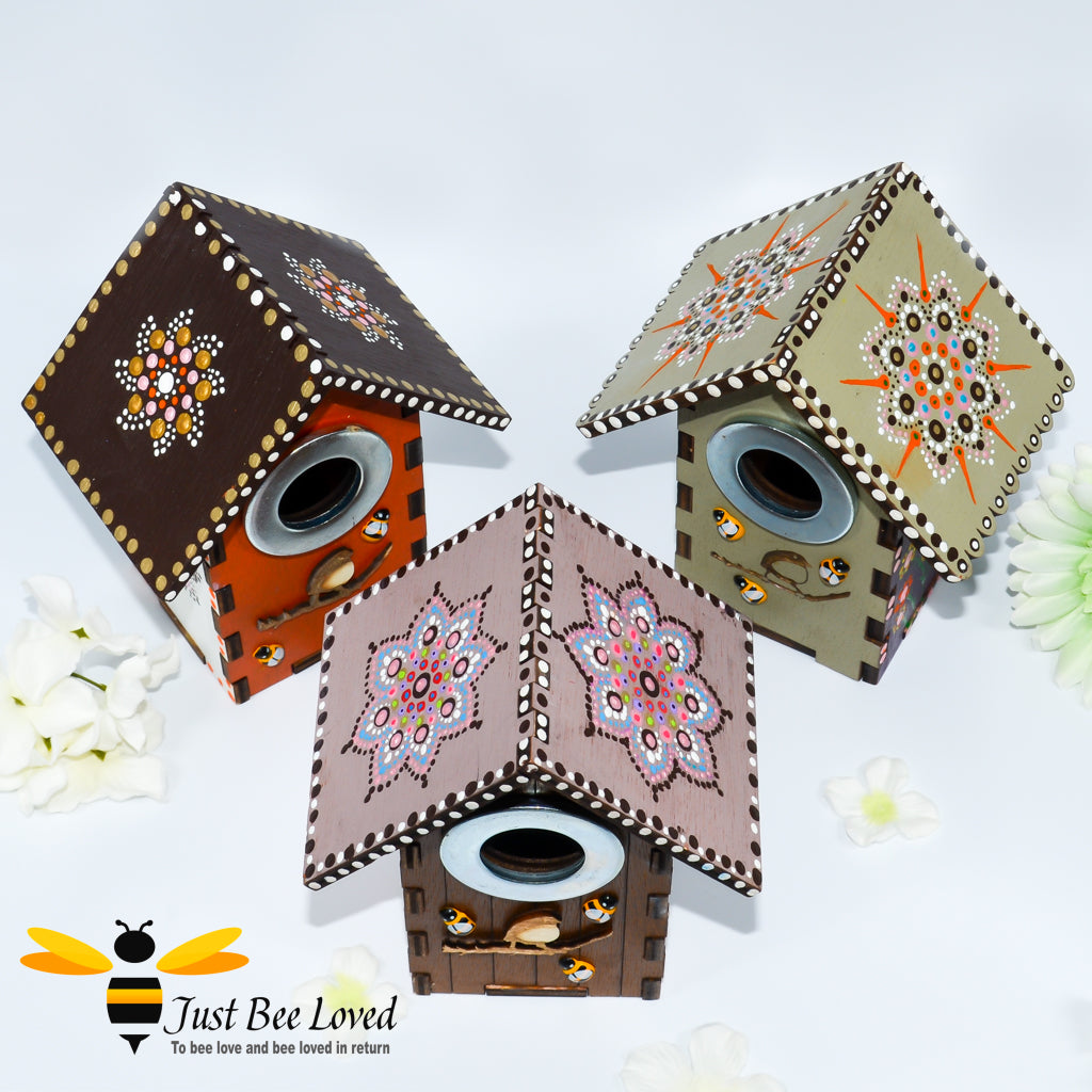 Original Mandala hand painted small wooden birdhouse nesting boxes handmade by Just Bee Loved