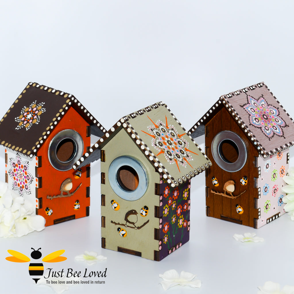 Original Mandala hand painted small wooden birdhouse nesting boxes handmade by Just Bee Loved