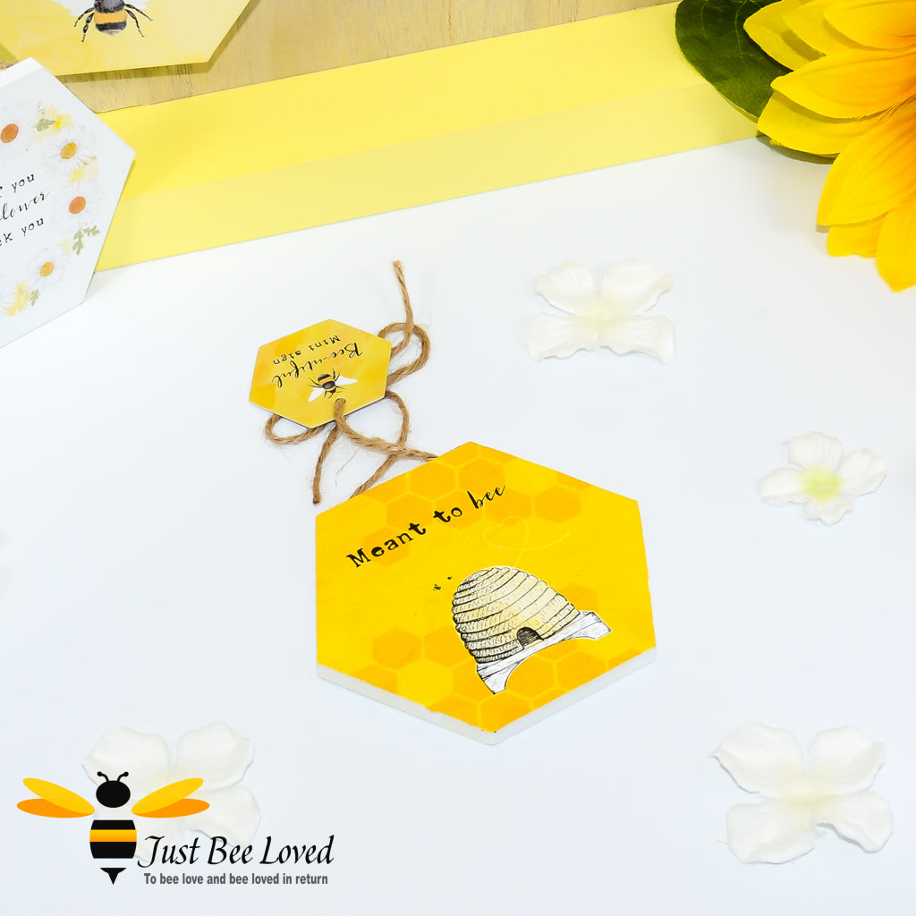 Bee themed hexagonal shaped wooden mini hanging sign with 'meant to bee' text.