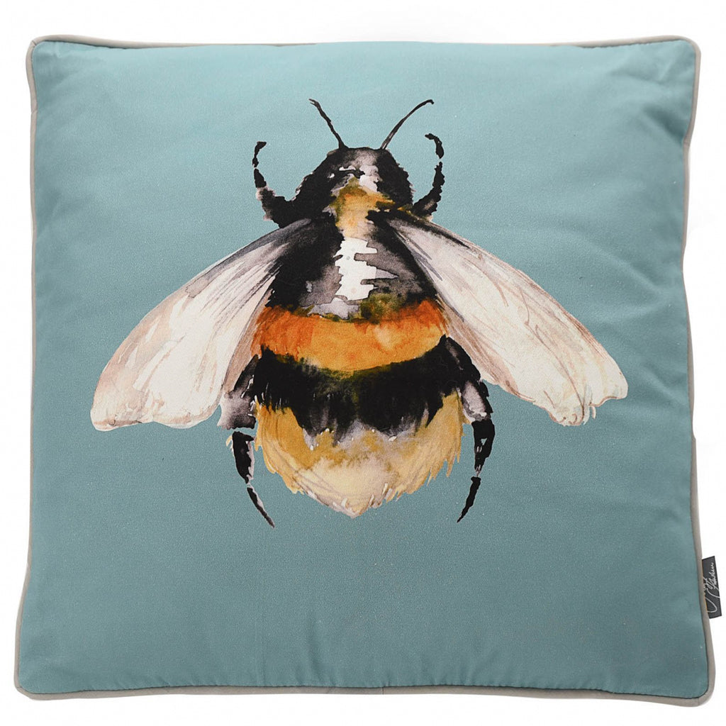 Meg Hawkins Bumblebee scatter cushion in teal blue colour