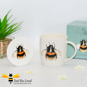 Meg Hawkins Ivory mug & coaster set with a bumblebee illustration