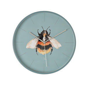 Teal blue round wall clock with bumblebee illustration by Meg Hawkins