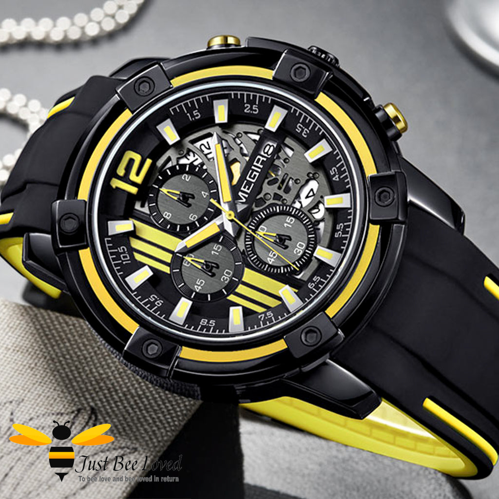 MEGIR Chronograph Men's Sports Wrist Watch Black and Yellow Colours