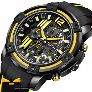 MEGIR Chronograph Men's Sports Wrist Watch Black and Yellow Colours
