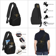 Load image into Gallery viewer, Black sling backpack with gold bee print
