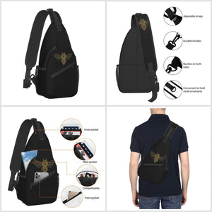 Black sling backpack with gold bee print