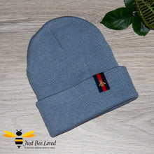 Load image into Gallery viewer, Grey Ribbed knit beanie skull cap featuring an embroidered bee tab motif