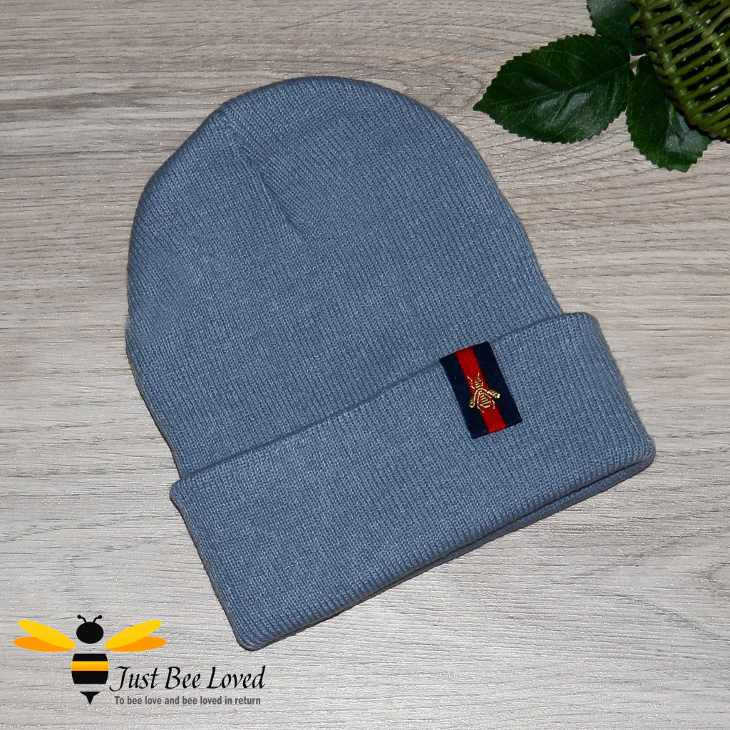 Grey Ribbed knit beanie skull cap featuring an embroidered bee tab motif