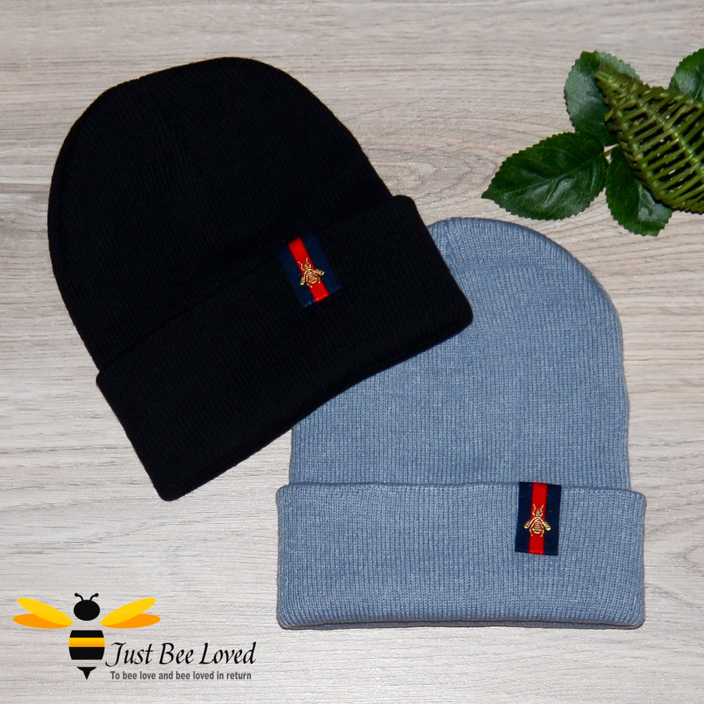 black and grey ribbed knit beanie skull caps featuring an embroidered bee tab motif