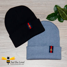 Load image into Gallery viewer, black and grey ribbed knit beanie skull caps featuring an embroidered bee tab motif
