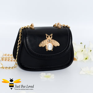 Black Faux Leather mini purse bag with gold bee decoration