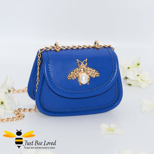 Blue Faux Leather mini purse bag with gold bee decoration