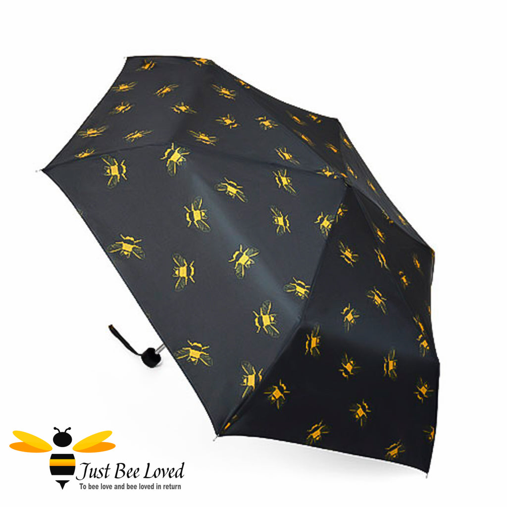 Black foldable mini umbrella with gold bees print