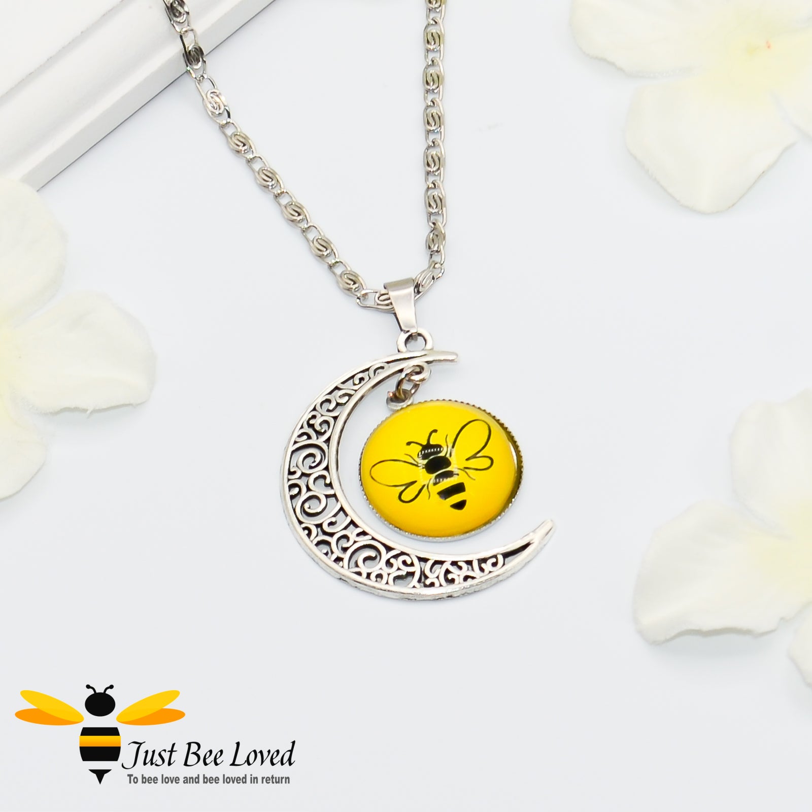 Crescent Moon and Round Glass yellow Bee Pendant silver Necklace