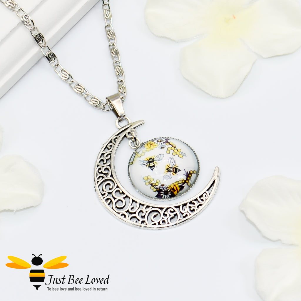 Crescent Moon and Round Glass Bees and honeycomb Pendant silver necklace.