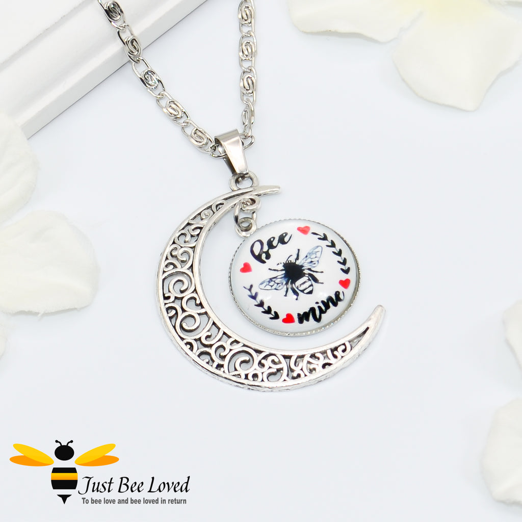 Crescent Moon and Round Glass Bee Mine Pendant silver necklace