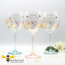 Load image into Gallery viewer, Loveliest Mum, Friend, Nan balloon stemmed gin glasses decorated with bees, butterfly and flowers 