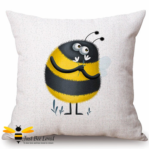 Natural beige scatter cushion featuring a colourful bumblebee character holding daisy flowers.