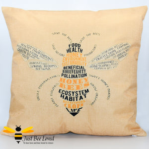scatter cushion featuring a calligram art image of a honey bee - created out of bee and nature related statements and messages such as "save the bees, save nature".