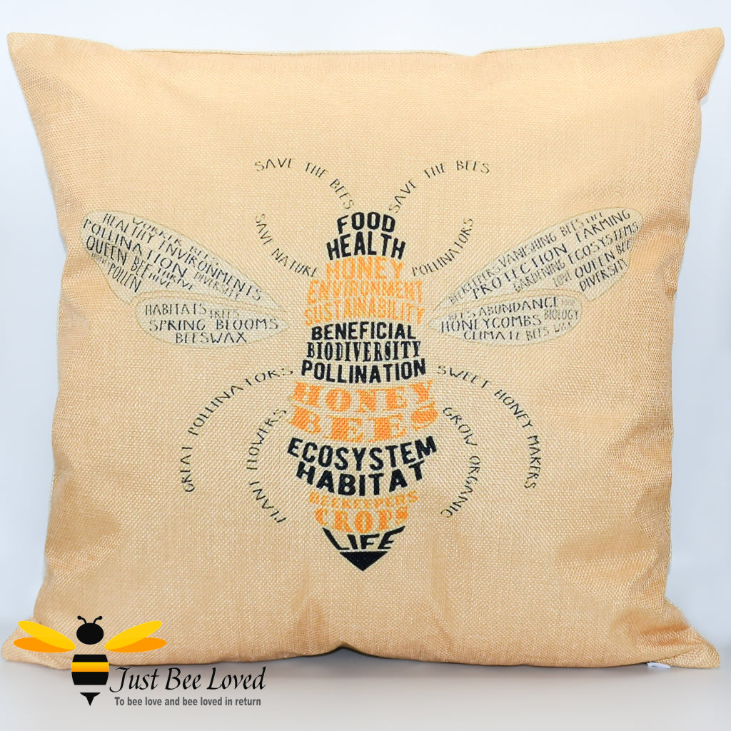 scatter cushion featuring a calligram art image of a honey bee - created out of bee and nature related statements and messages such as 