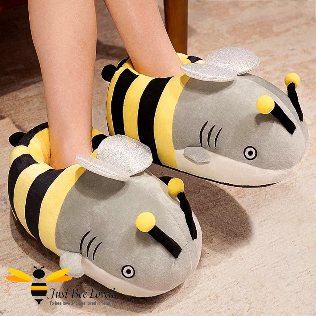 Adult novelty shark bee plush slippers