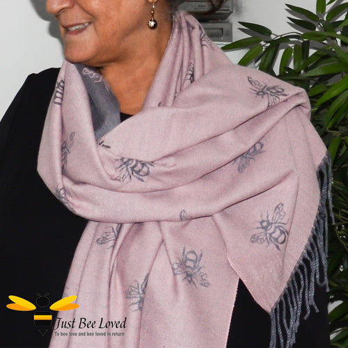 Pashmina style long shawl bumble bee scarf reversible pink grey