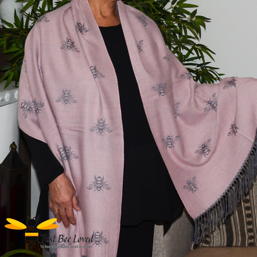 Pashmina style long shawl bumble bee grey pink scarf