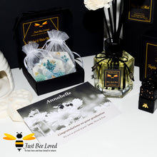 Load image into Gallery viewer, Bee themed vegan home fragrance hamper gift box set with reed diffuser, wax melts, wax tablets, car diffuser, oil wax melt burner, personalised postcard.