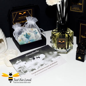 Bee themed vegan home fragrance hamper gift box set with reed diffuser, wax melts, wax tablets, car diffuser, oil wax melt burner, personalised postcard.