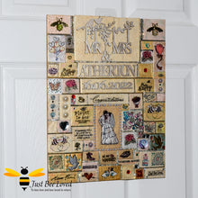 Load image into Gallery viewer, handmade large wedding bride &amp; groom mosaic clay plaque. Personalised with the couple&#39;s married name and date of wedding., decorated with bees, sentimental messages