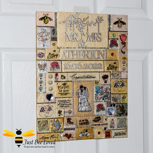 handmade large wedding bride & groom mosaic clay plaque. Personalised with the couple's married name and date of wedding., decorated with bees, sentimental messages