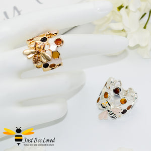 enamelled filled honeycomb rings to look like pollen with a honeybee.