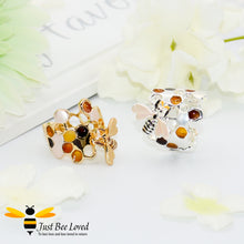 Load image into Gallery viewer, enamelled filled honeycomb rings to look like pollen with a honeybee.