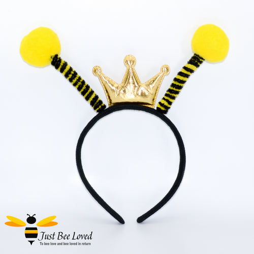 costume bee headband featuring fluffy yellow & black stripe antennae with a gold crown. 