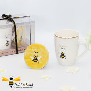 Queen Bumblebee New Bone China gold rimmed ivory Mug and matching coaster giftset