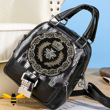 Load image into Gallery viewer, bag featuring a crystal embellished Queen Bee frontal design on black &amp; silver snake print
