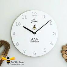 Load image into Gallery viewer, Large wooden wall clock with bumblebee and crown with text &quot;queen bee of the kitchen&quot;.