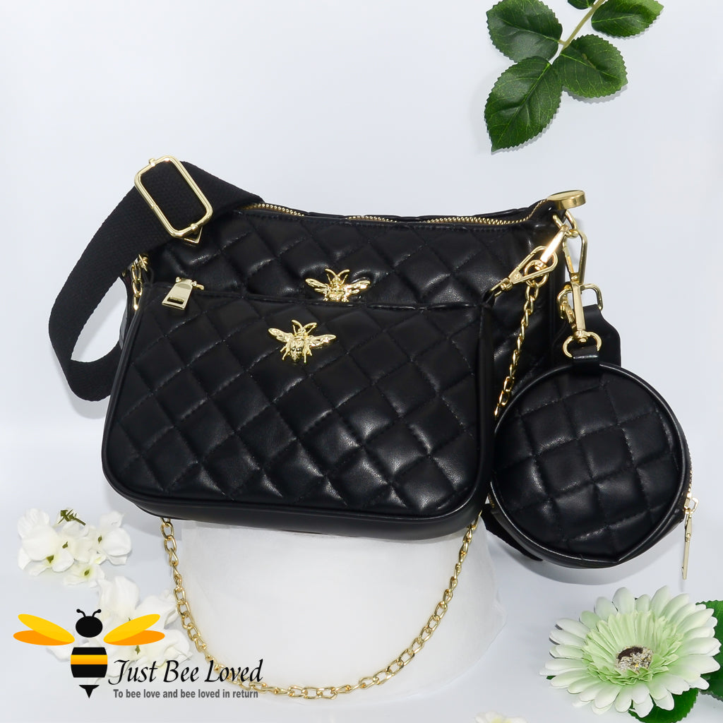 black faux leather quilted 3-piece handbag set featuring golden honey bee embellishments