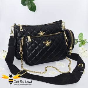  Black faux leather quilted 3-piece handbag set featuring golden honey bee embellishments