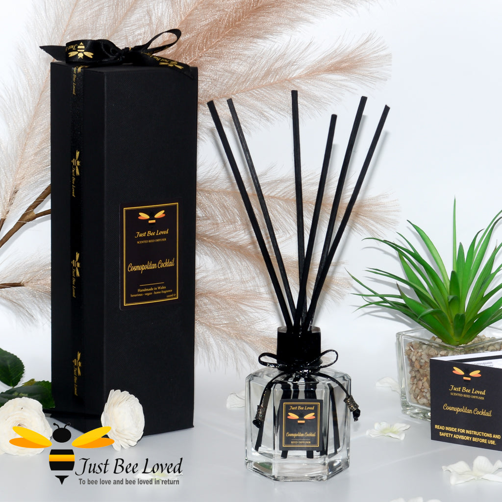 Luxury hexagon shaped black rattan vegan reed diffuser. Fragrance cosmopolitan cocktail