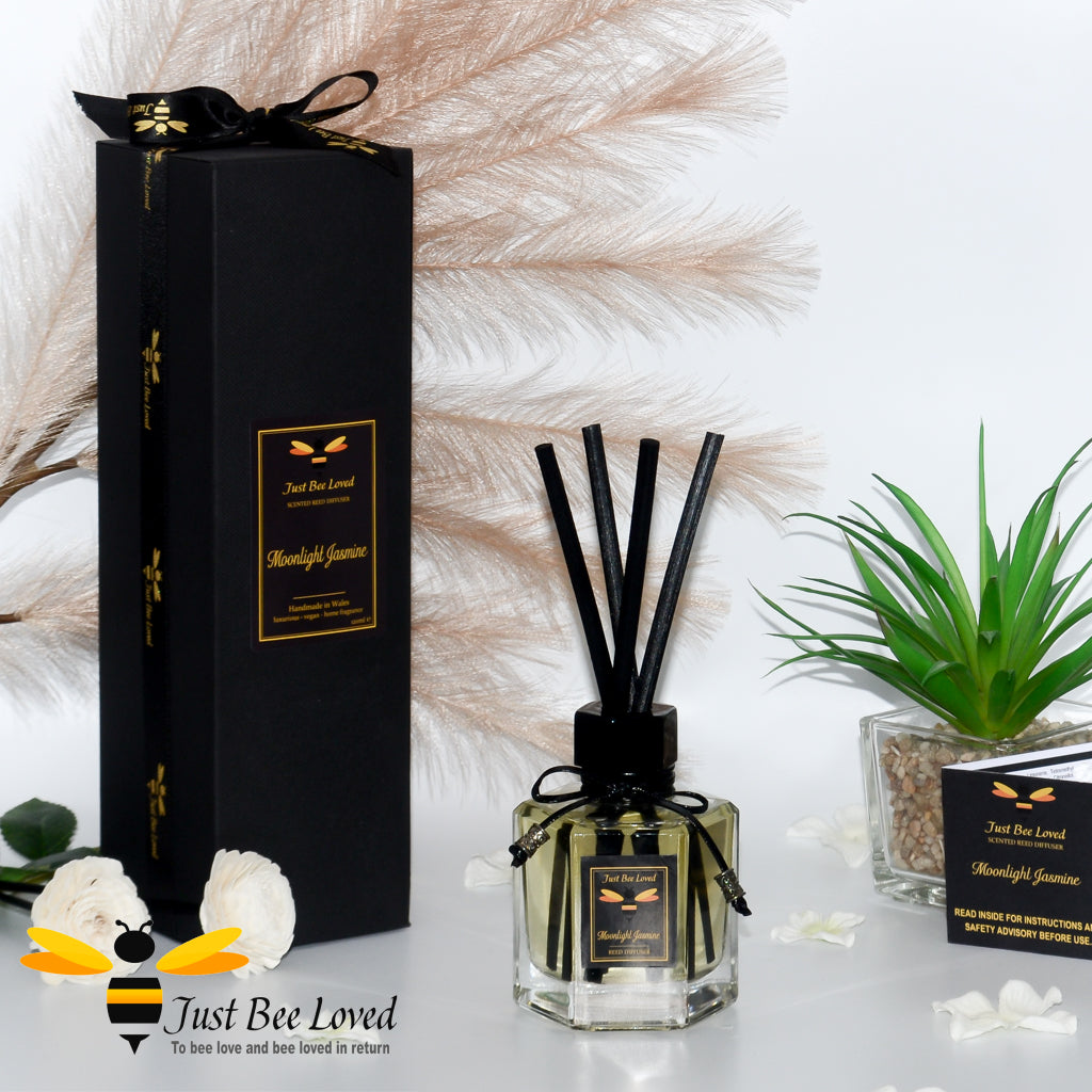 Luxury glass hexagon vegan reed diffuser with chunky short rattan reeds. Fragrance of Moonlight Jasmine