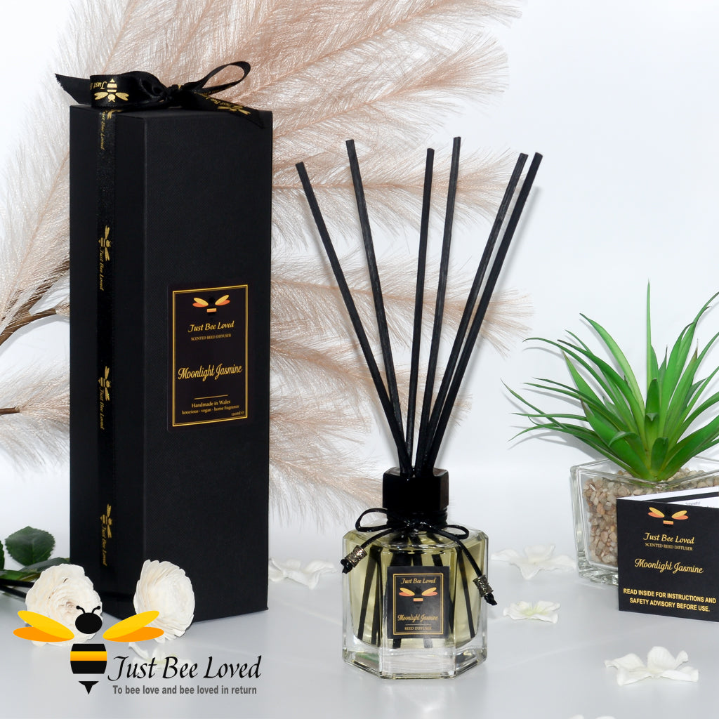 Luxurious hexagon glass vegan reed diffuser. Fragrance of Moonlight Jasmine